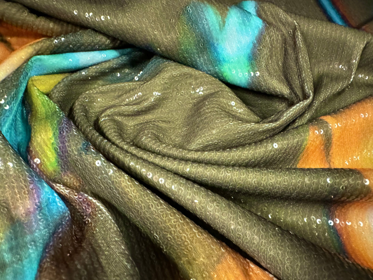 Couture dress fabric with sequins, per metre - stylised flower design - khaki orange & turquoise