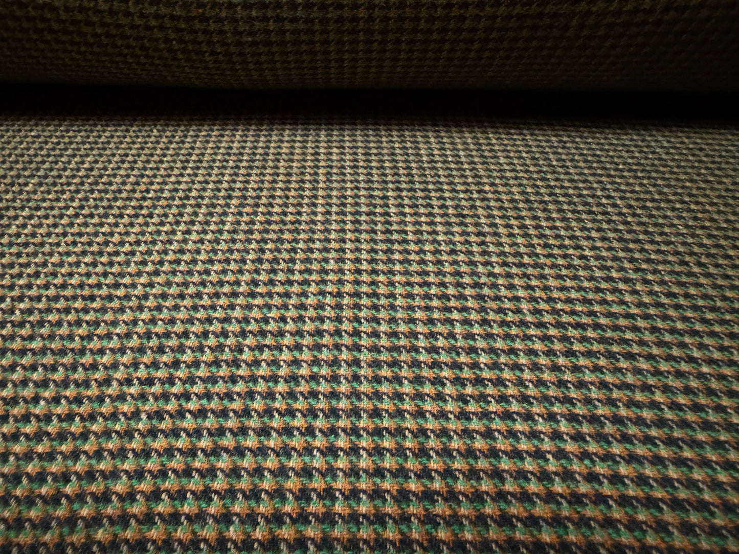 Wool tweed fabric, per metre - dogtooth - emerald navy & brown
