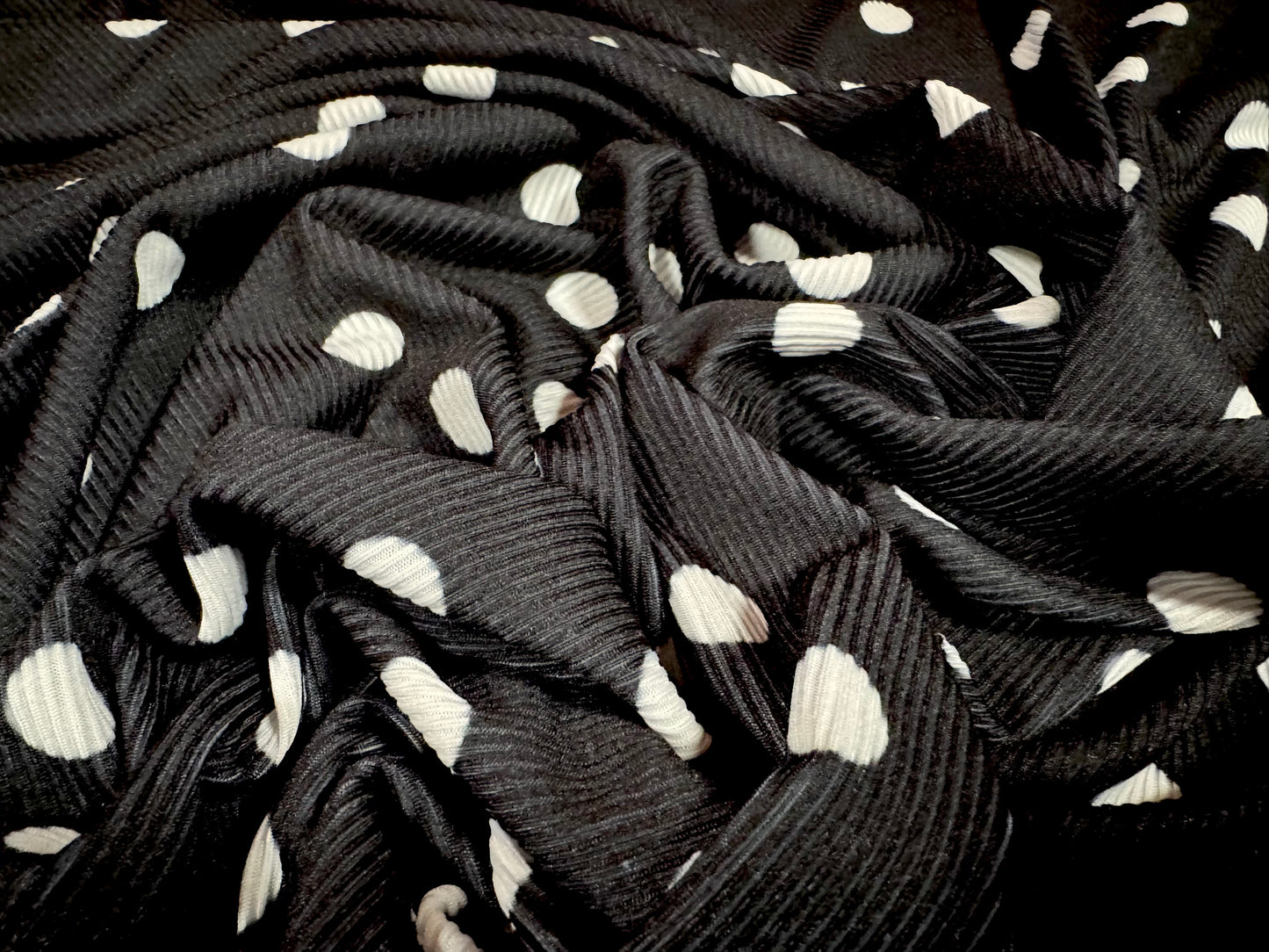 Stretch spandex fine ribbed jersey fabric, per metre - polka dot print - black & white