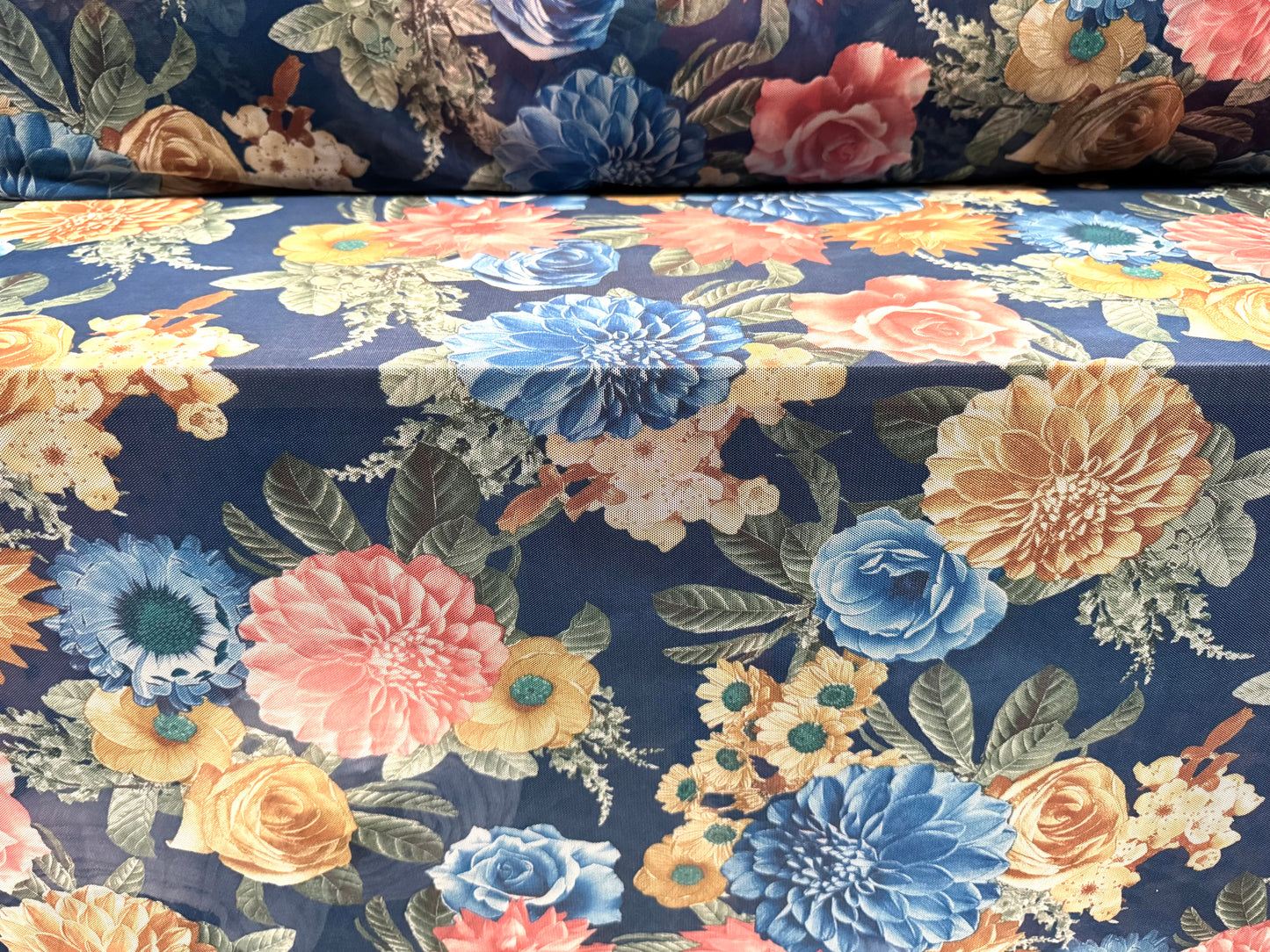 Power mesh net stretch spandex fabric, per metre - carnation bouquet print - blue pink & beige