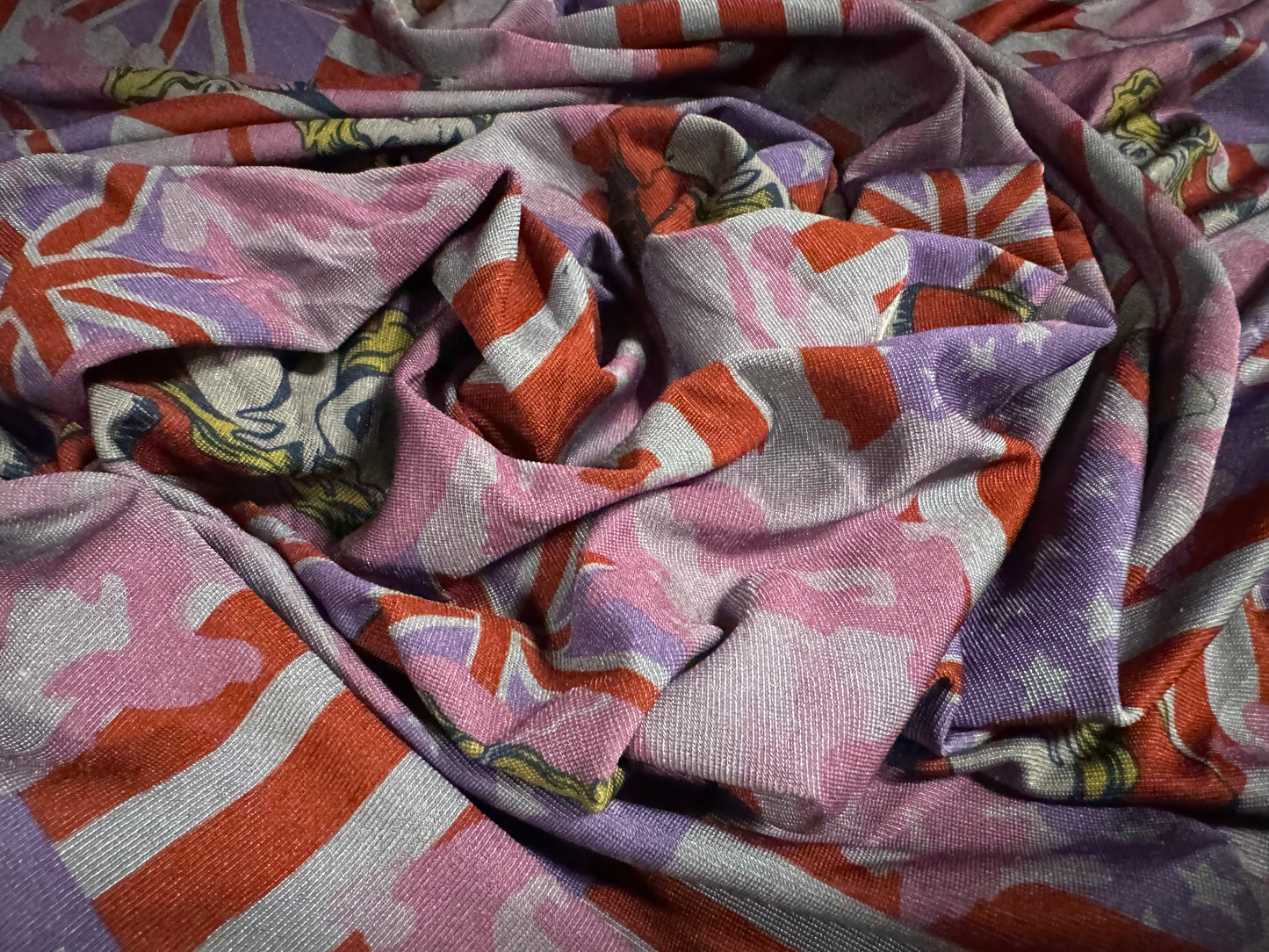 Finely textured stretch single jersey fabric, per metre - Stars, Stripes & Union Jack print - lilac & red