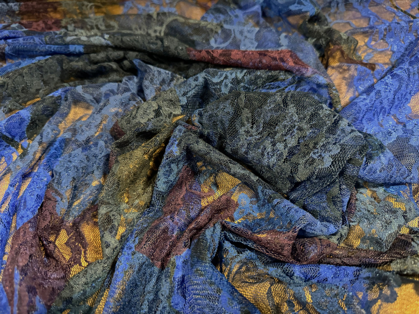 Stretch spandex mesh lace fabric, per metre - abstract art print - royal blue, aubergine & olive