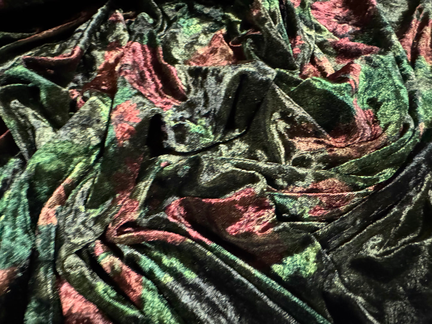 Soft panné velour fabric, per metre - floral rose print - olive green & wine