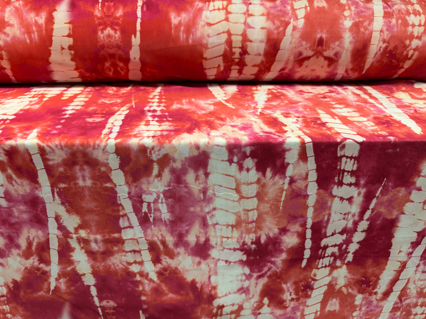 Matt swimwear stretch spandex jersey fabric, per metre - stylised crocodile print - raspberry & coral