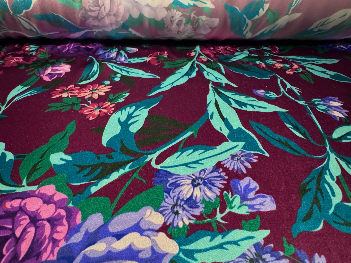 Silky Stretch charmeuse satin dress fabric, per metre - floral print - plum jade & purple