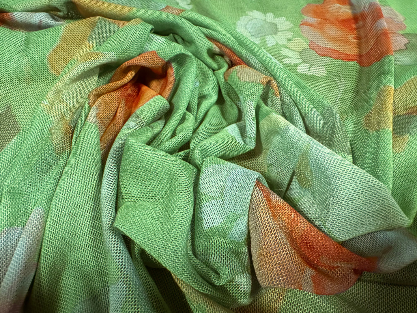 Power mesh net stretch spandex fabric, per metre - roses print - green & orange