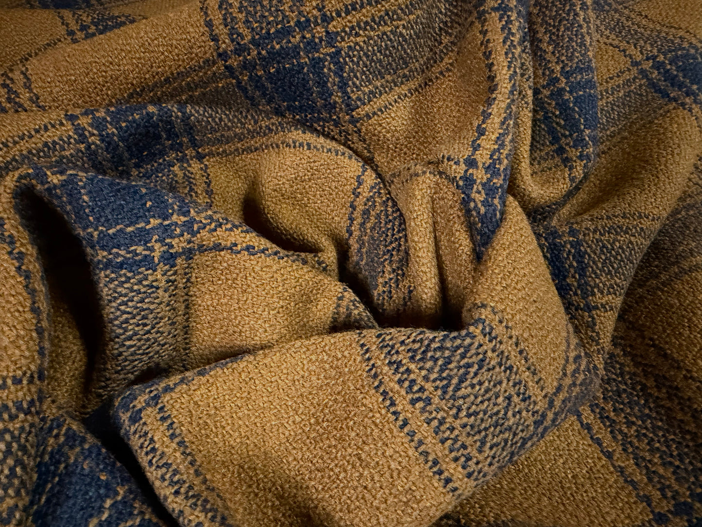 Wool sackcloth fabric, per metre - plaid check - ochre & navy