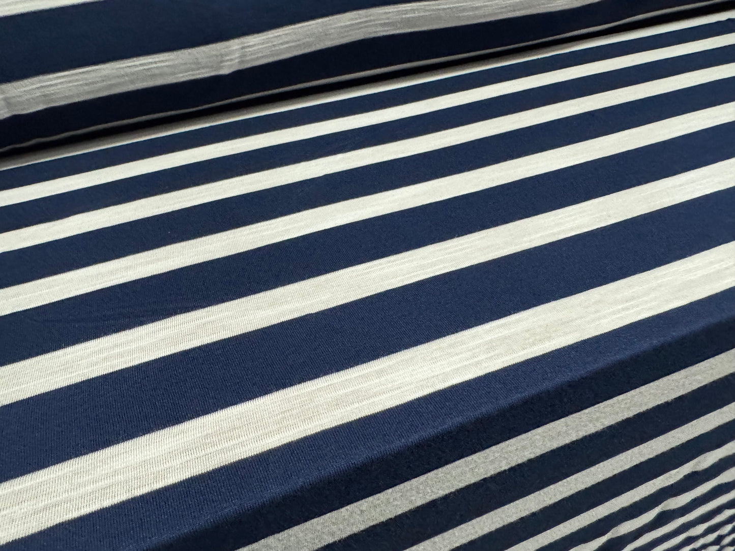 Soft handle single jersey fabric, per metre - slub stripe - navy blue & white