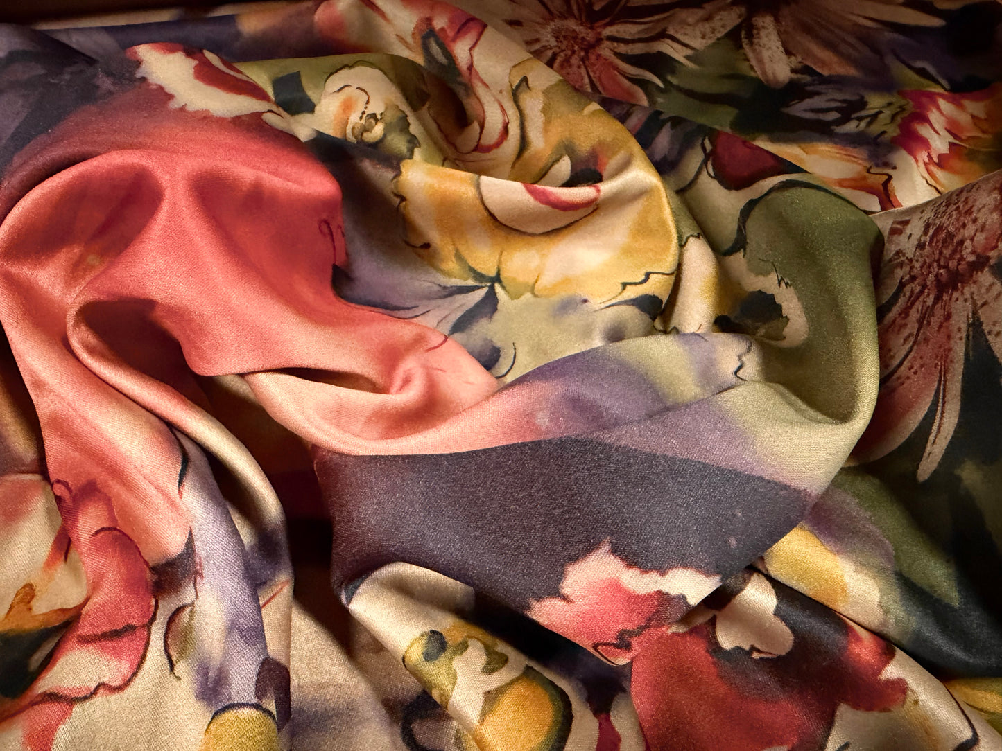 Stretch sateen woven fashion fabric, per metre - floral print - purple pink & light brown