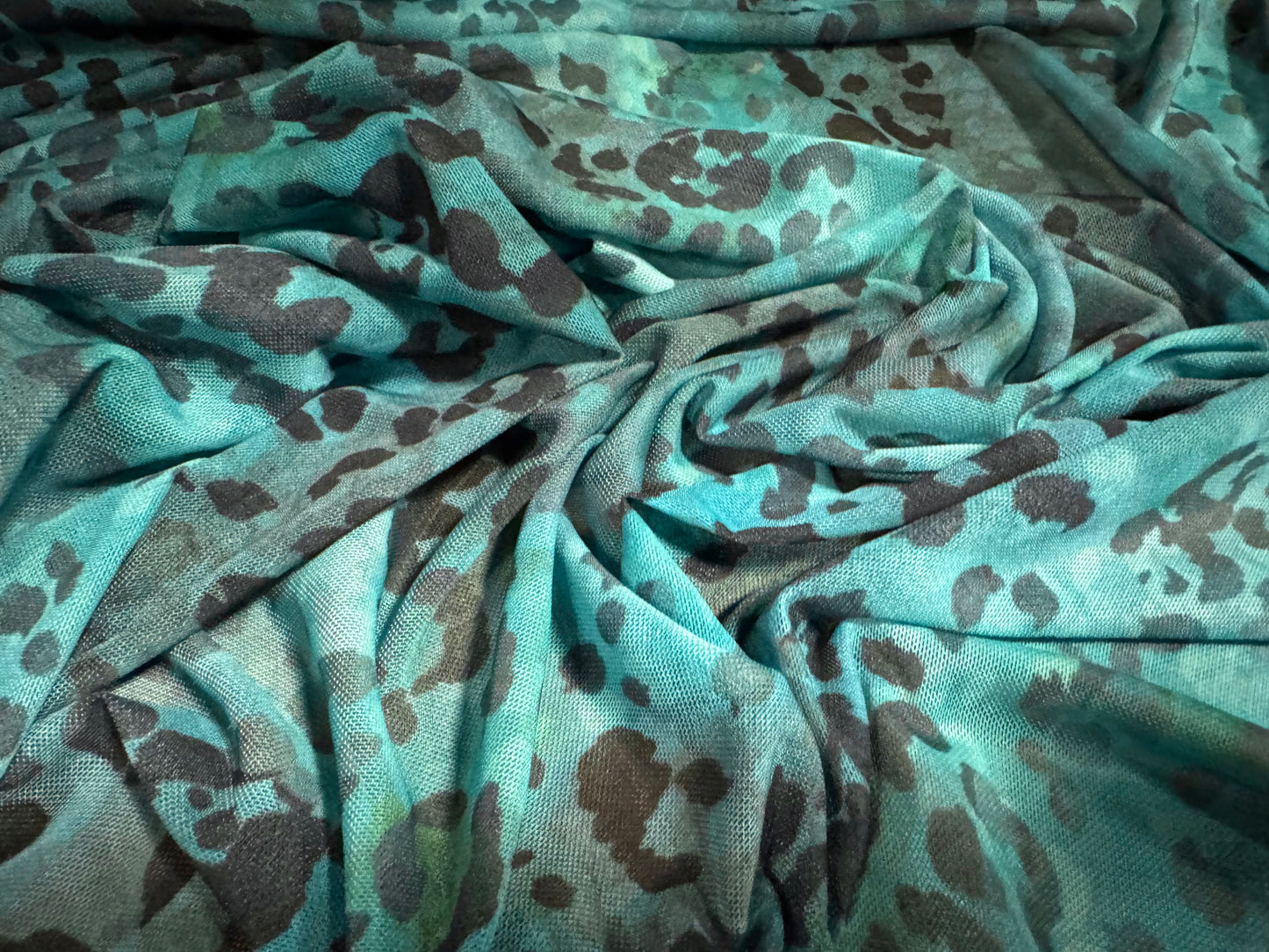 Power mesh net stretch spandex fabric, per metre - cheetah print - turquoise