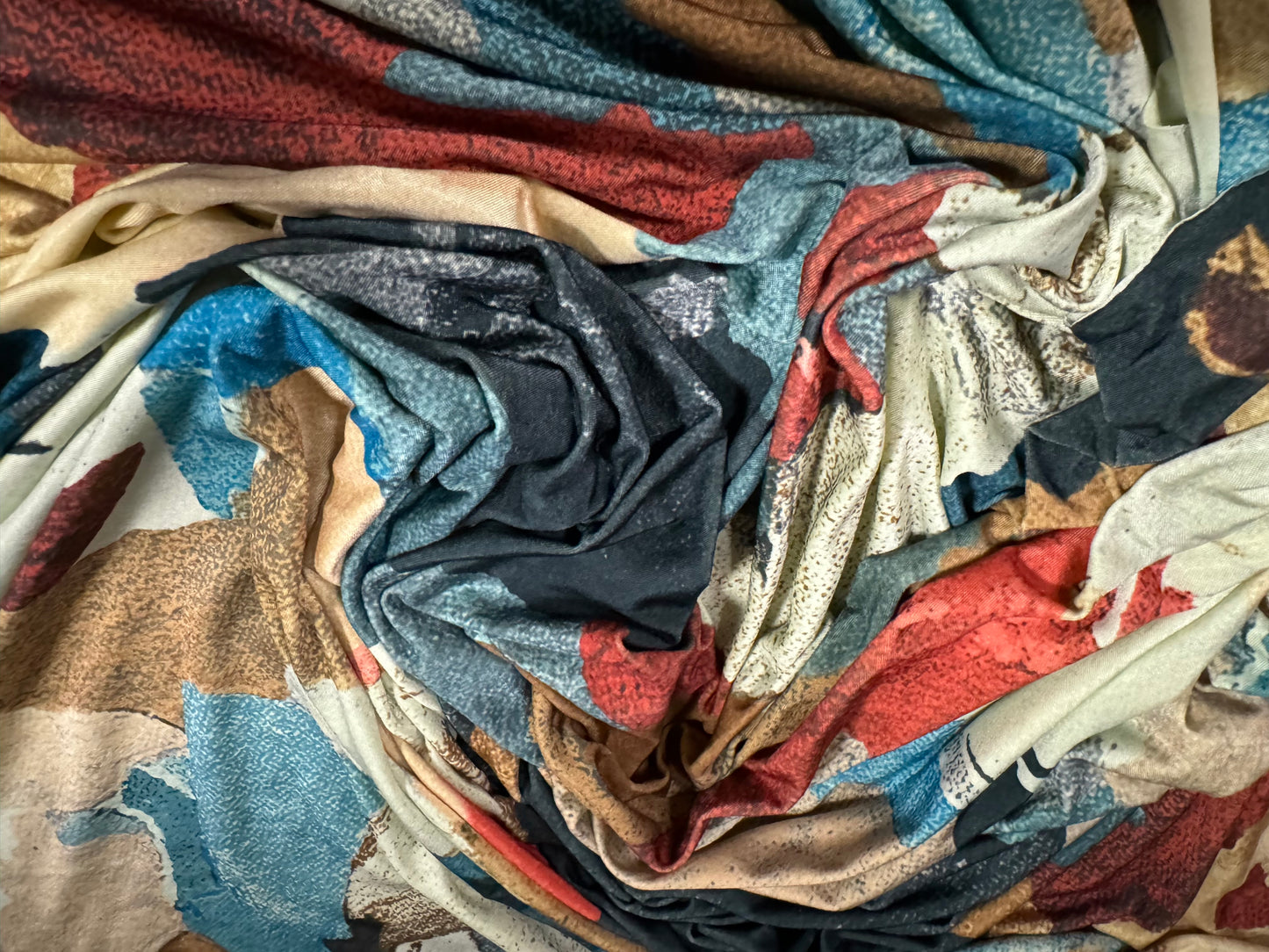 Soft touch stretch spandex single jersey fabric, per metre - abstract art print - pastel green, navy & red