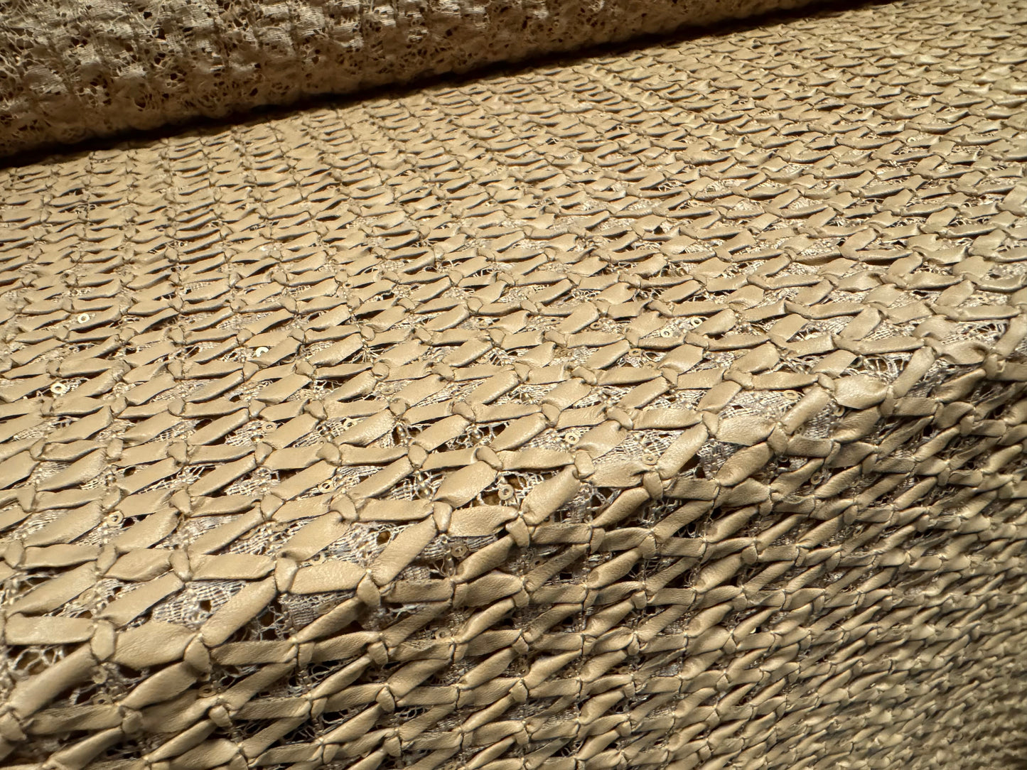 Couture p.u. coated lace fabric with bows & sequins, per metre - floral - alpine