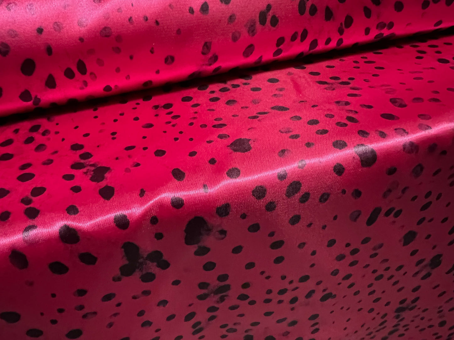 Silky Satin woven dress fabric, per metre - Dalmatian animal print - cerise pink