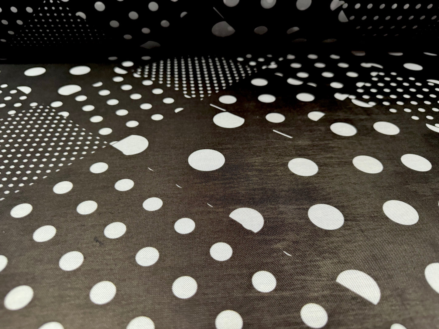 Power mesh net stretch spandex fabric, per metre - polka dot patchwork print - black & white