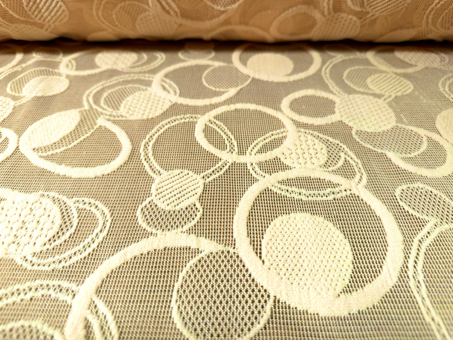 Heavyweight flocked mesh fabric, per metre - rings & circles - cream