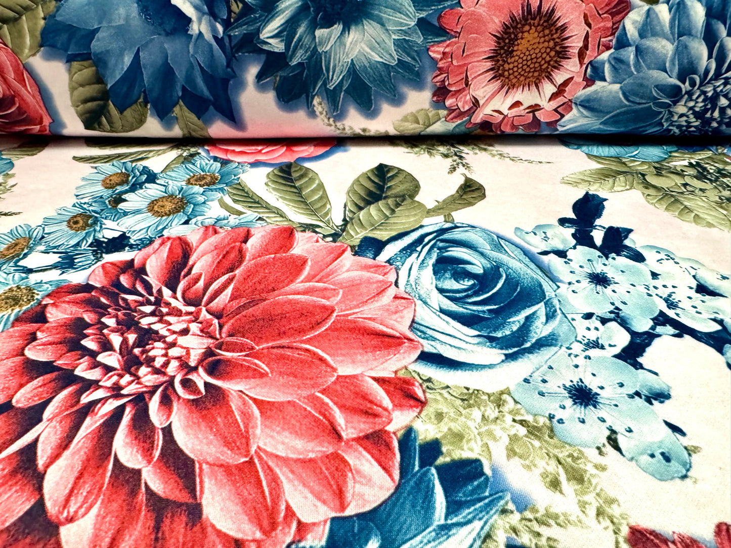 Scuba stretch spandex double jersey fabric, per metre - floral bouquet print - blue pink & white