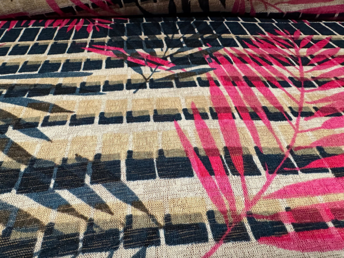 Stretch crepe knitwear jersey fabric, per metre - leaf print - navy cerise & beige