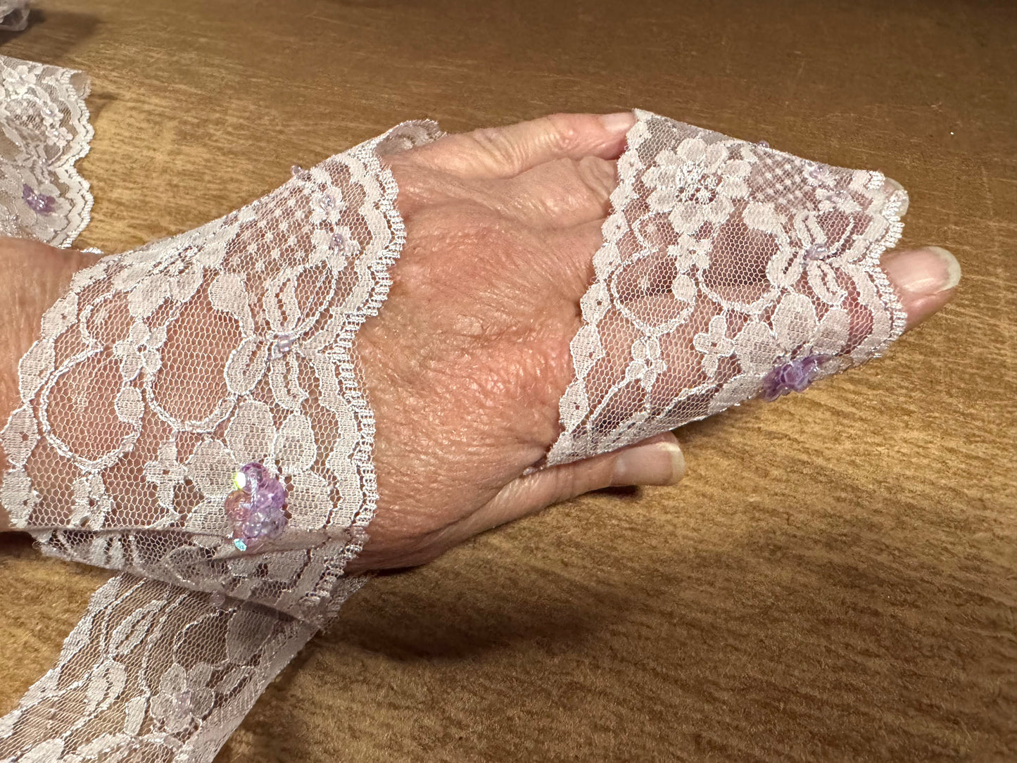 Scalloped lace edging trim fabric - floral - lilac with sequins