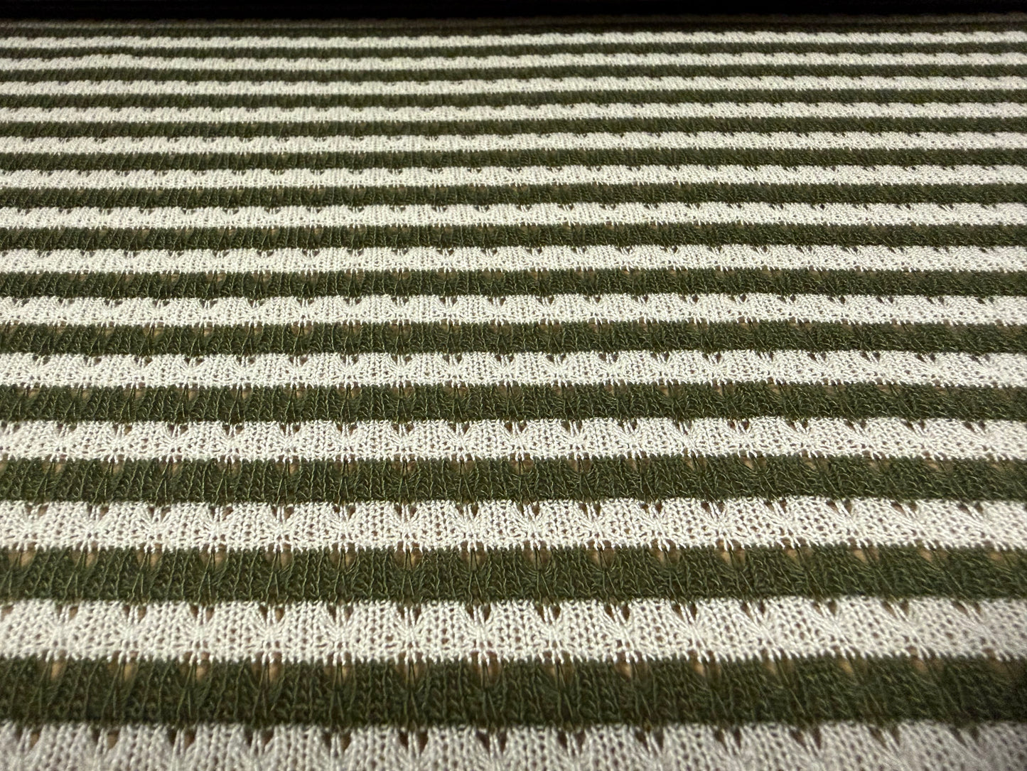 Crochet knit jersey fabric, per metre - stripe - khaki green & ivory