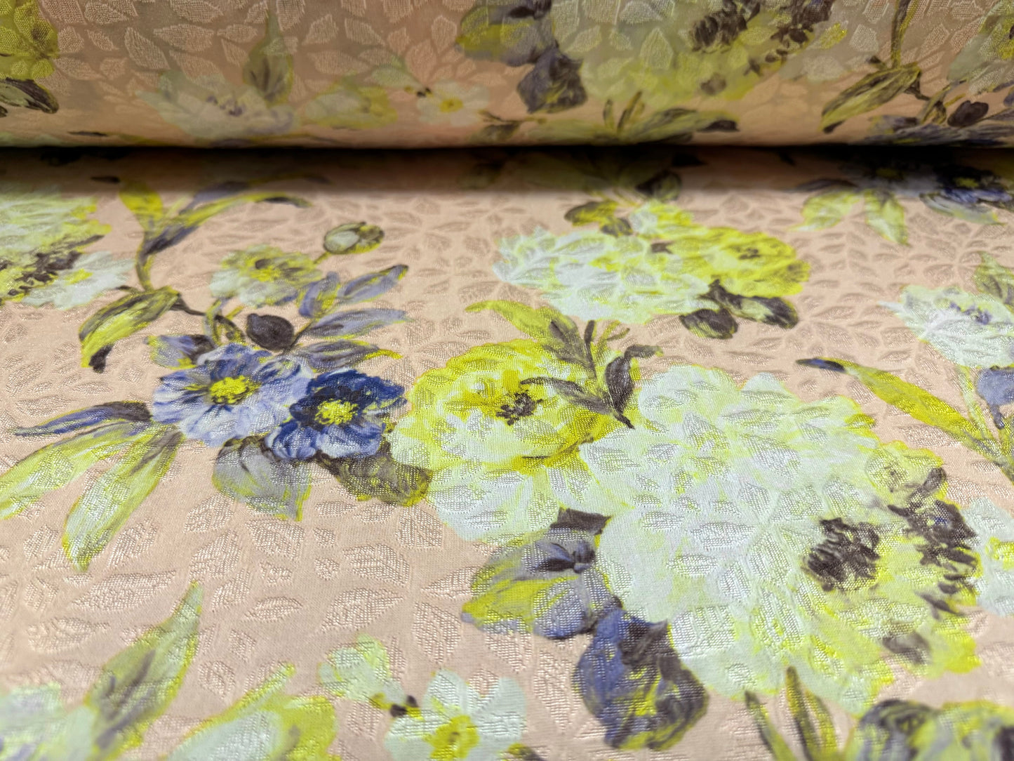 Stretch spandex jersey jacquard fabric, per metre - flower print - blush lemon & lilac