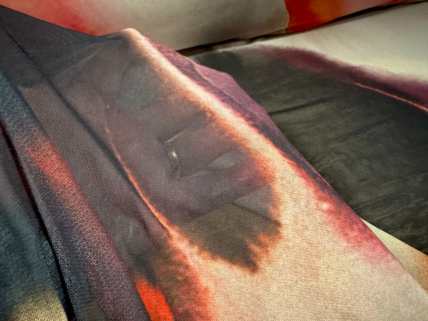 Power mesh net stretch spandex fabric, per metre - abstract print - cream black & orange