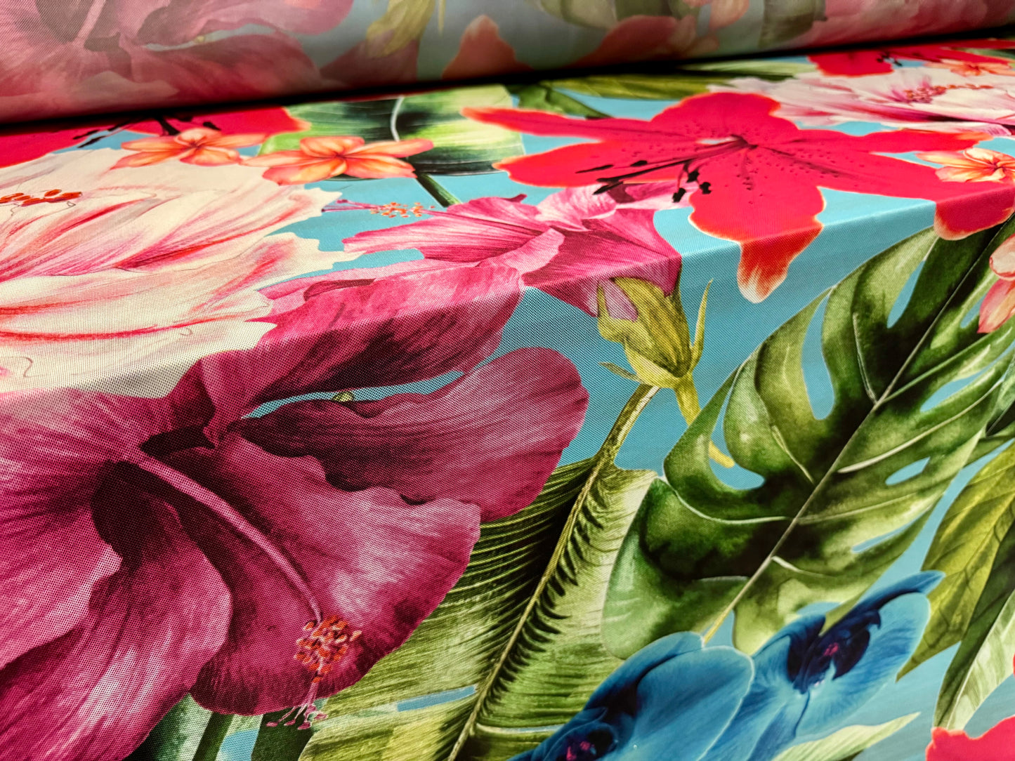 Power mesh net stretch spandex fabric, per metre - Tropical orchid floral print - sky blue & pink