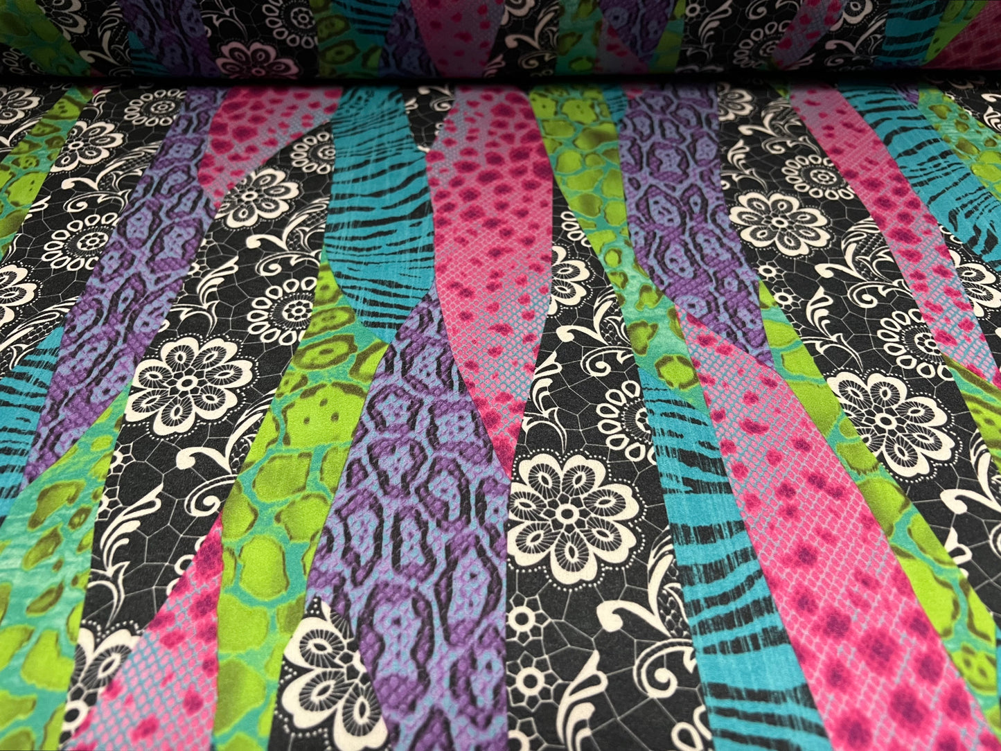 Scuba crepe stretch spandex jersey dress fabric, per metre - animal and lace fusion print - multicolour