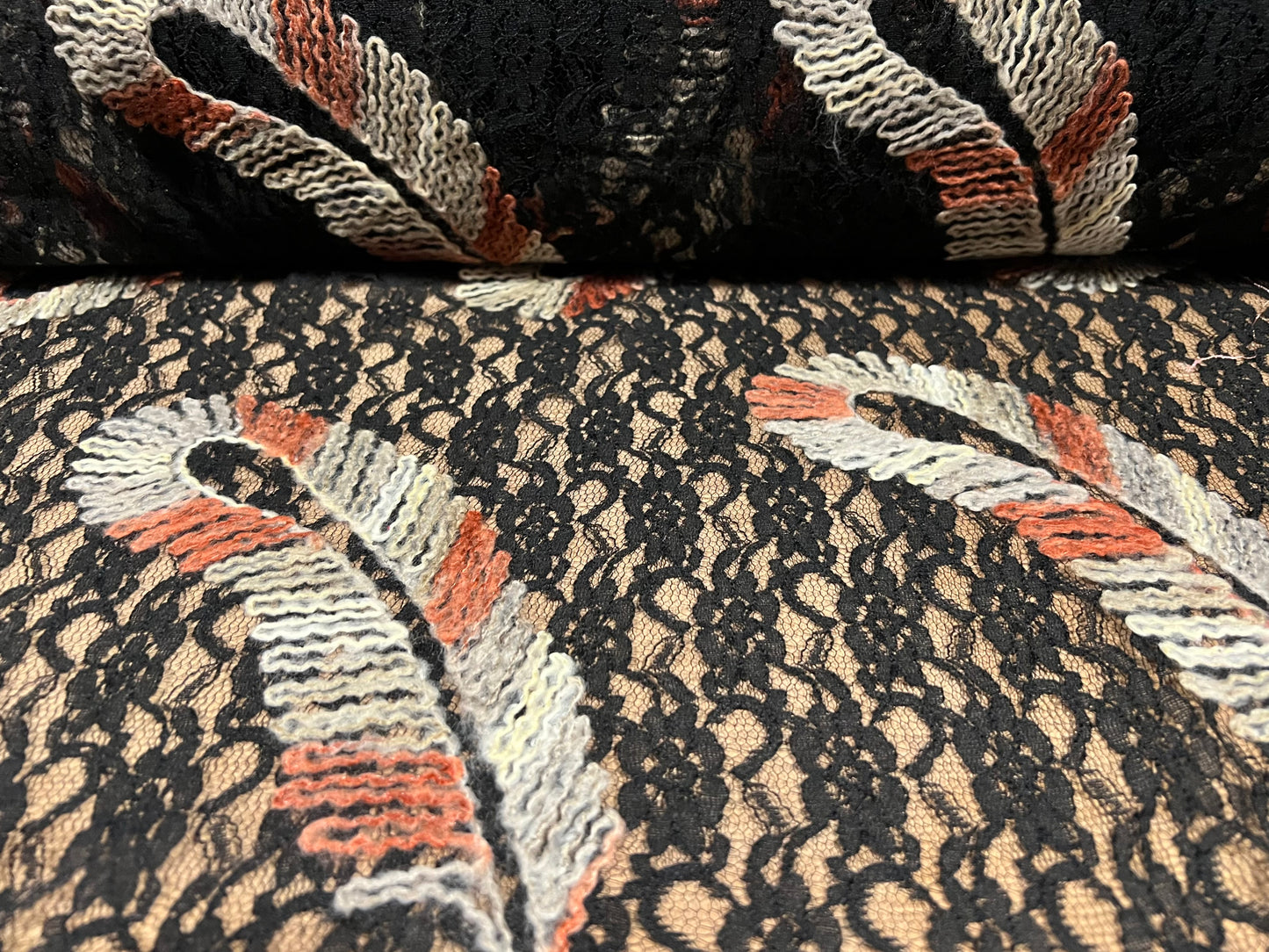 Couture lace fabric with feather appliqué, per metre - black ivory & terracotta