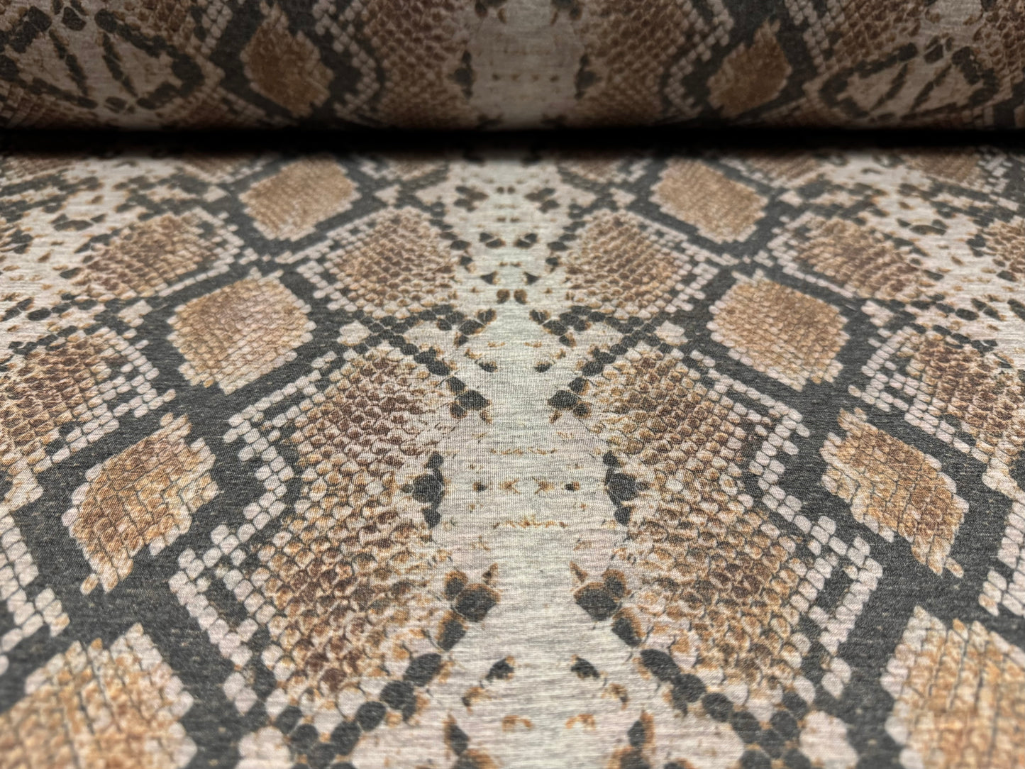 Stretch spandex melange jersey fabric, per metre - snake print - grey & tan