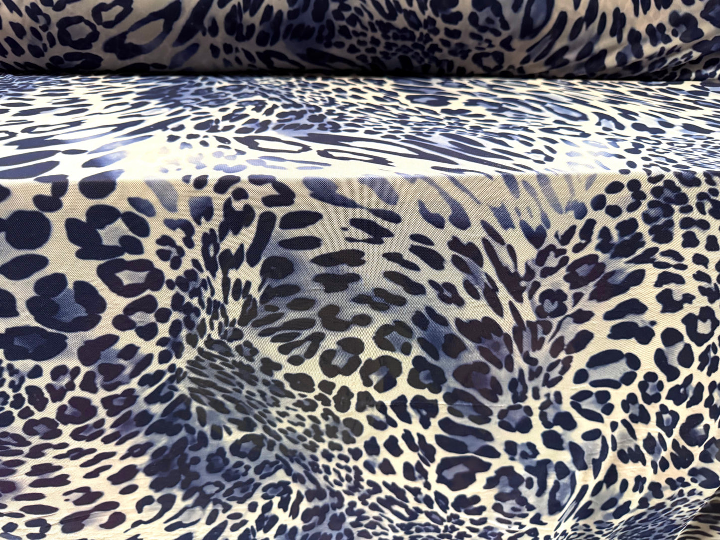 Power mesh net stretch spandex fabric, per metre - leopard print - blue & cream