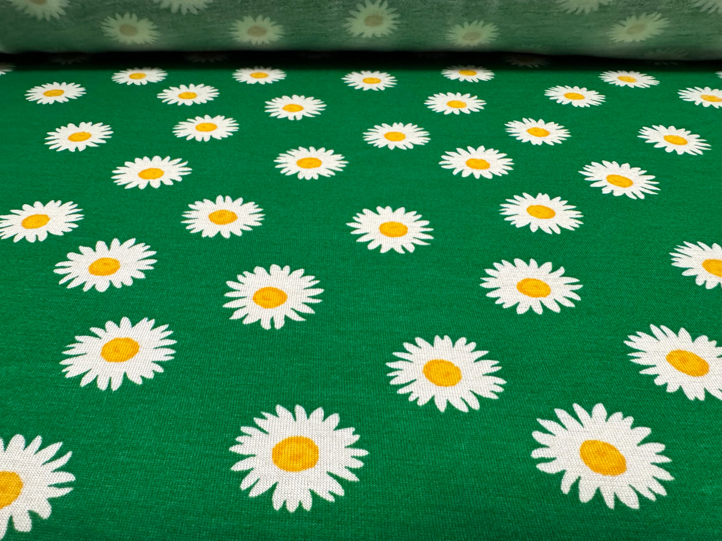 Viscose spandex stretch jersey fabric, per metre - daisy flower print - green