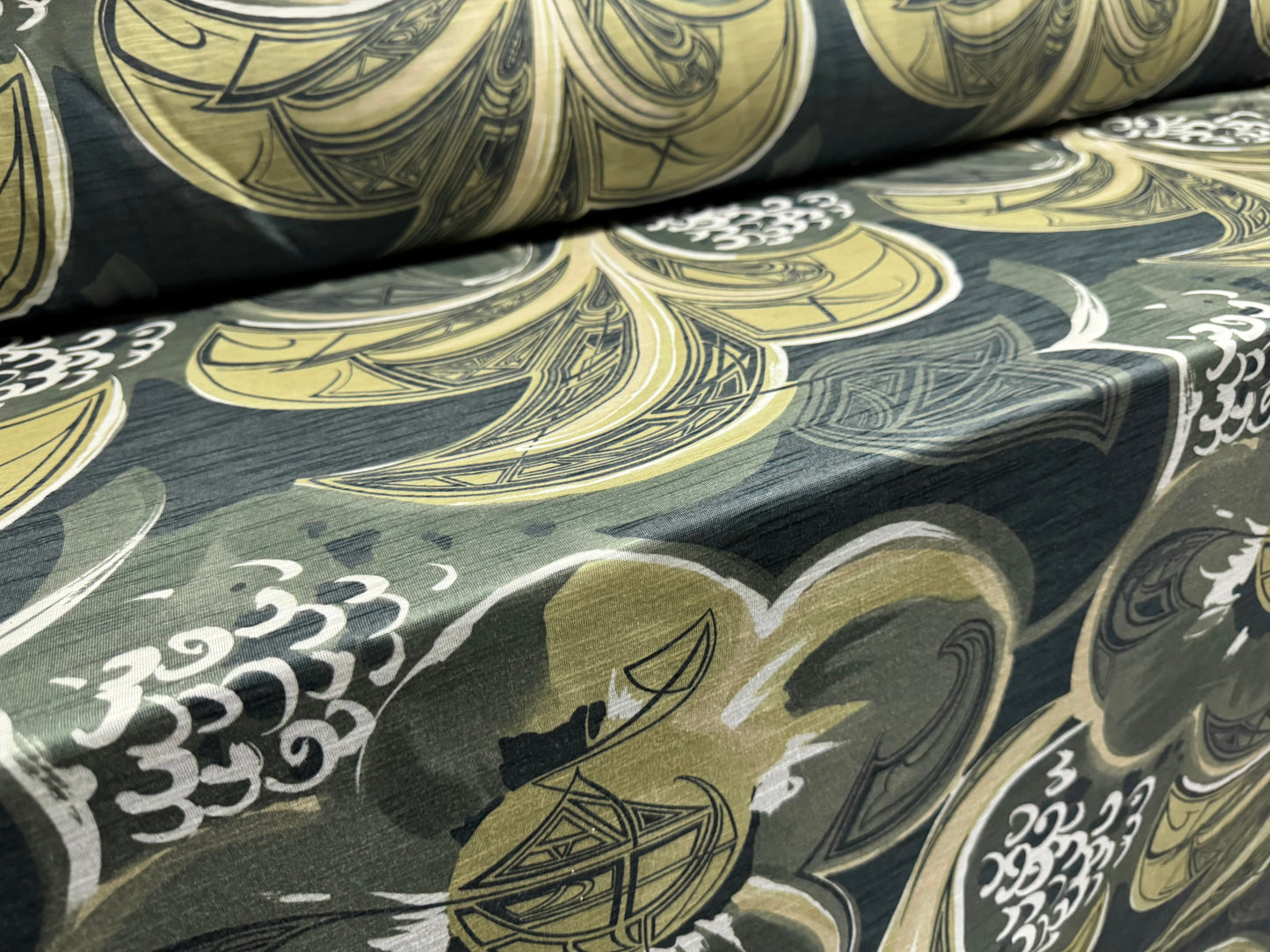 Single jersey slub fabric, per metre - stylised ocean waves print - olive green