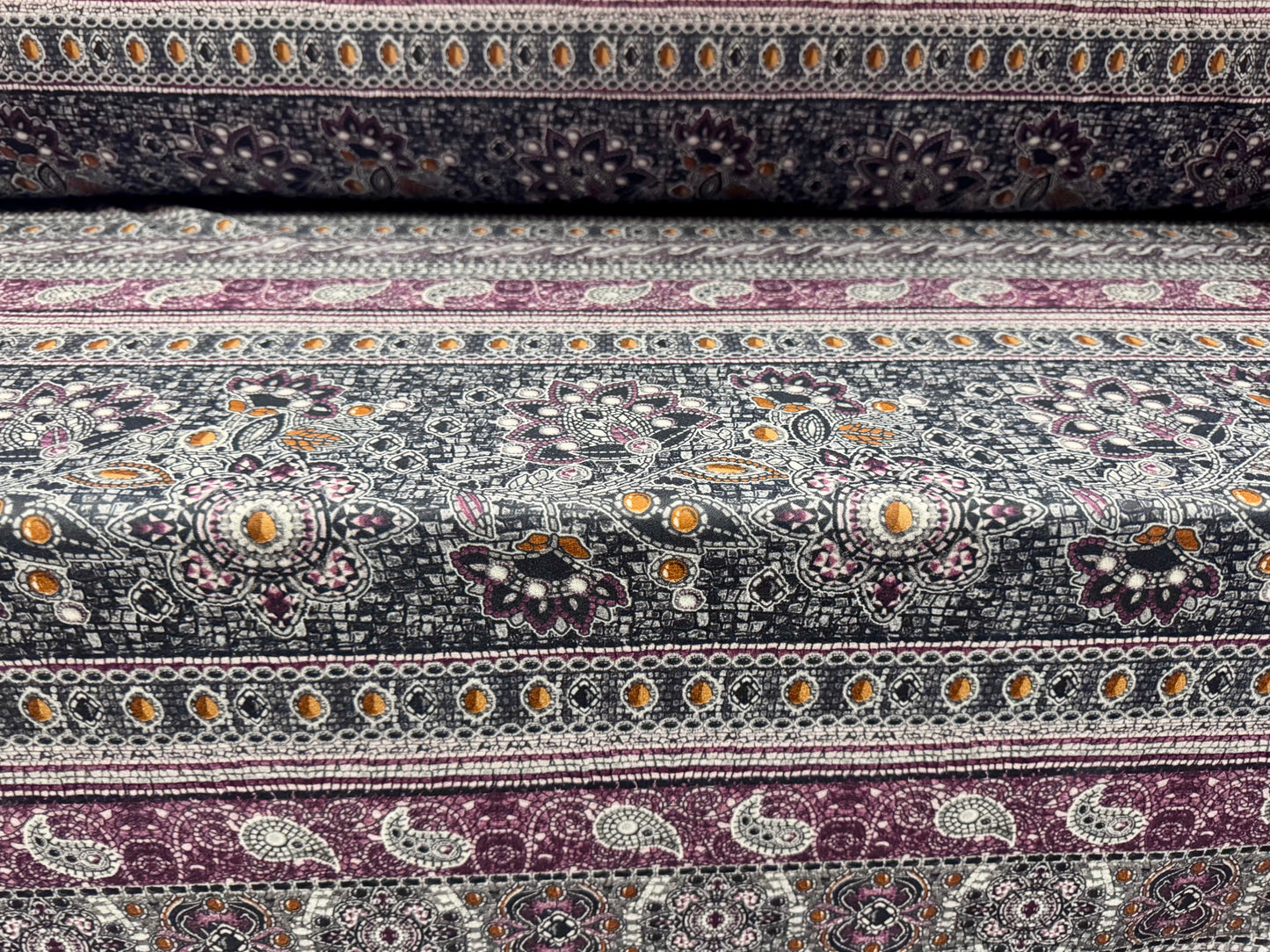 Scuba crepe stretch spandex double jersey fabric, per metre - paisley stripe print - navy & magenta