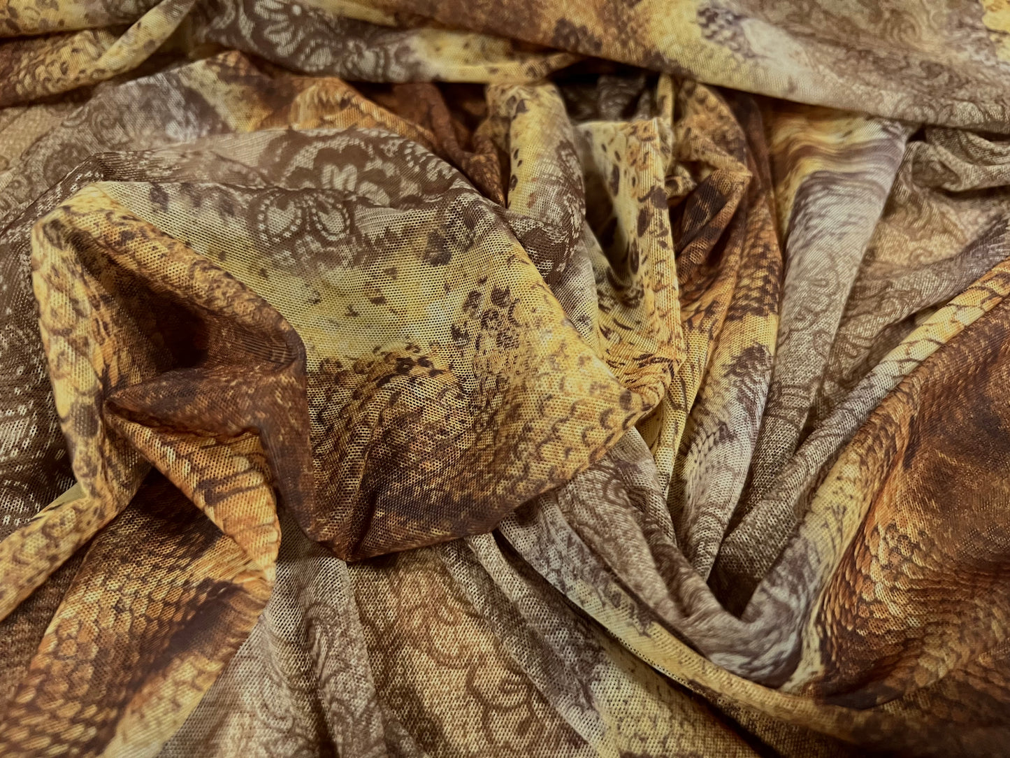 Power mesh net sheer stretch spandex fabric, per metre - snakeskin floral print - mustard & brown
