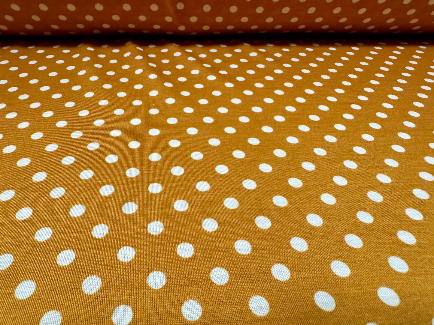 Soft handle single jersey fabric, per metre - spot print - mustard