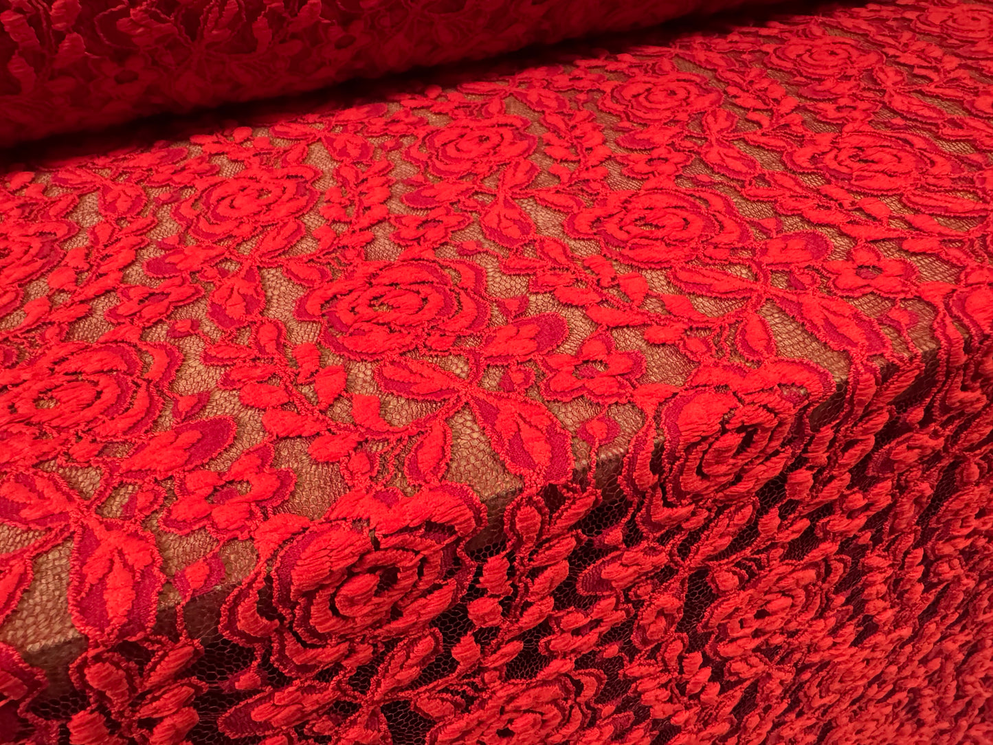 Rose design stretch lace dress fabric, per metre - Red