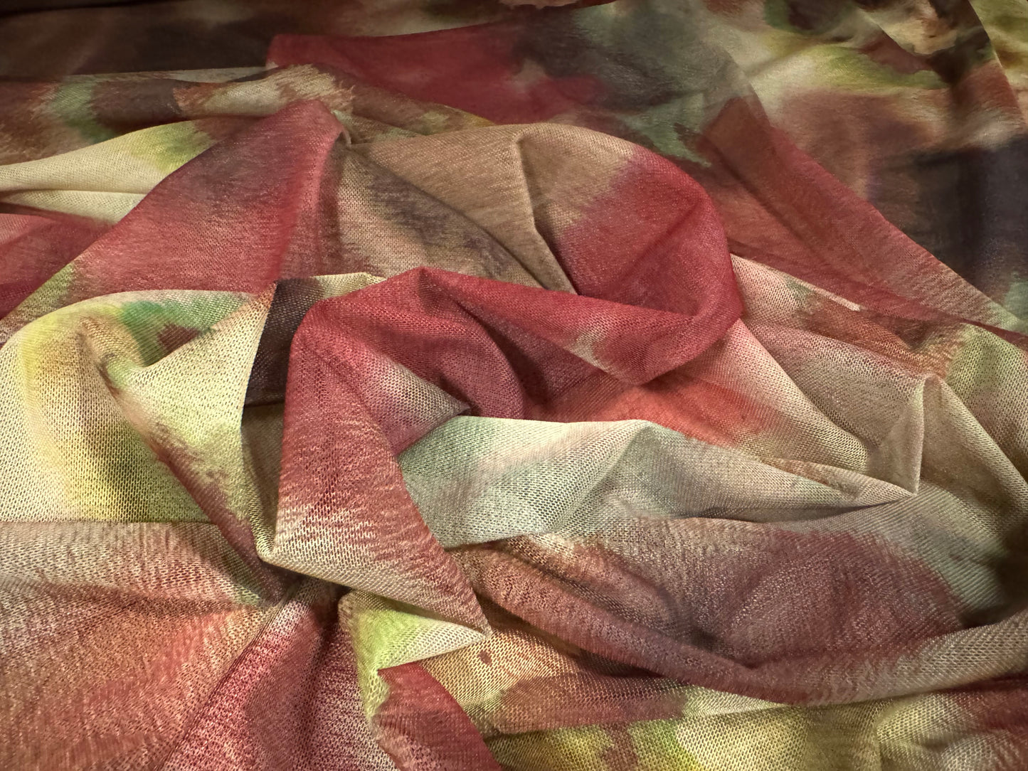 Power mesh net stretch spandex fabric, per metre - abstract print - wine & green