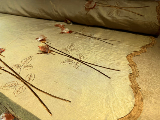 Taffeta faux silk fabric, per metre - embroidered flower appliqué border - old gold