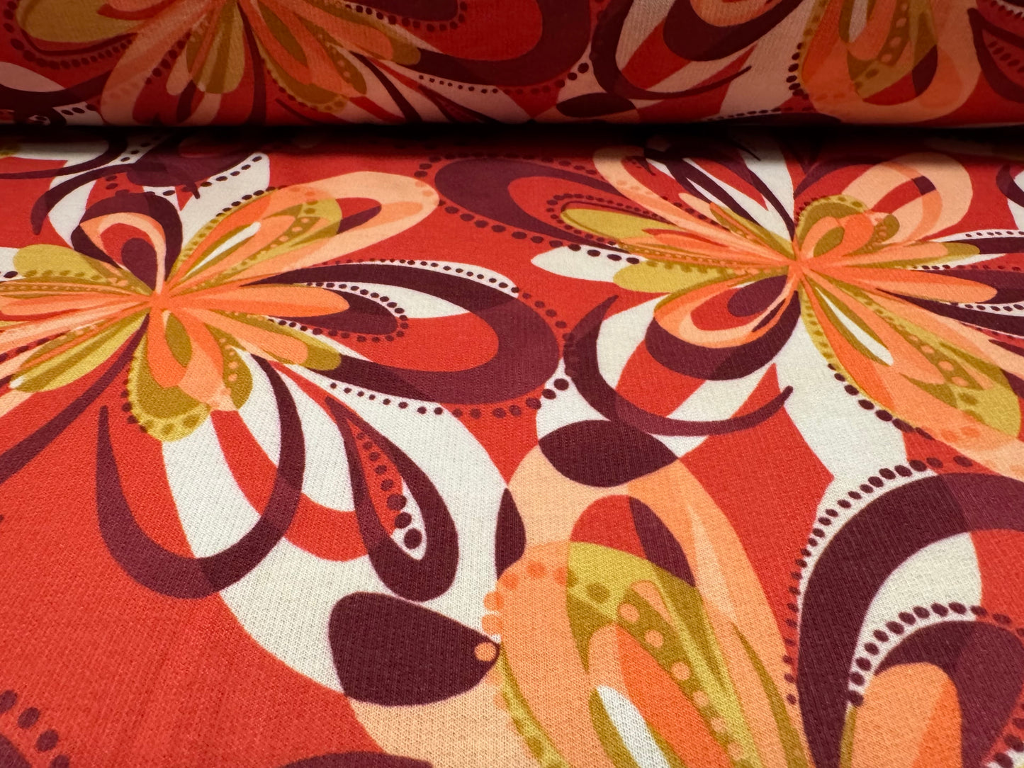 French Terry loopback sweatshirt jersey fabric, per metre - retro floral print - dark coral