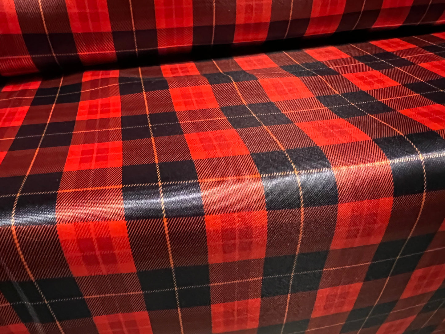 Silky Satin woven dress fabric, per metre - tartan check print - red & black