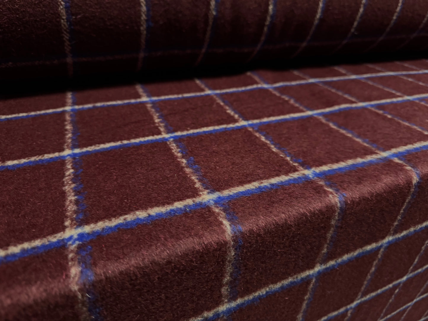 Wool mouflon brushed coat jacket fabric, per metre - checkered - burgundy