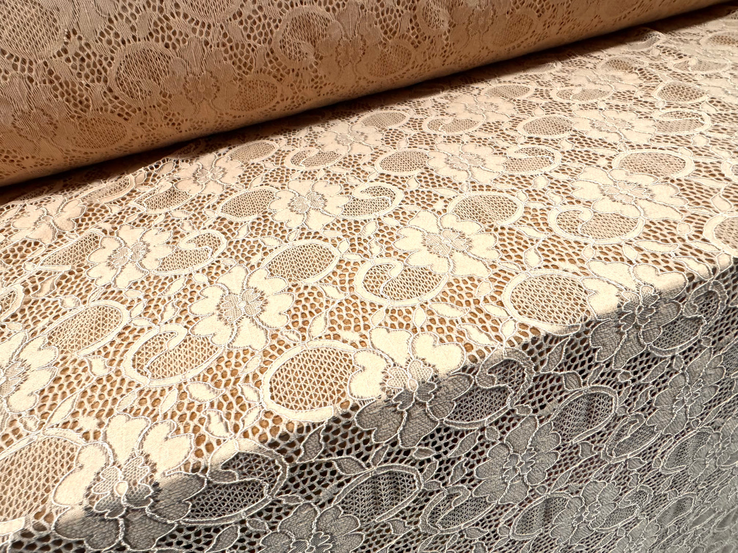 Corded stretch spandex lace fabric, per metre - floral - matte nude