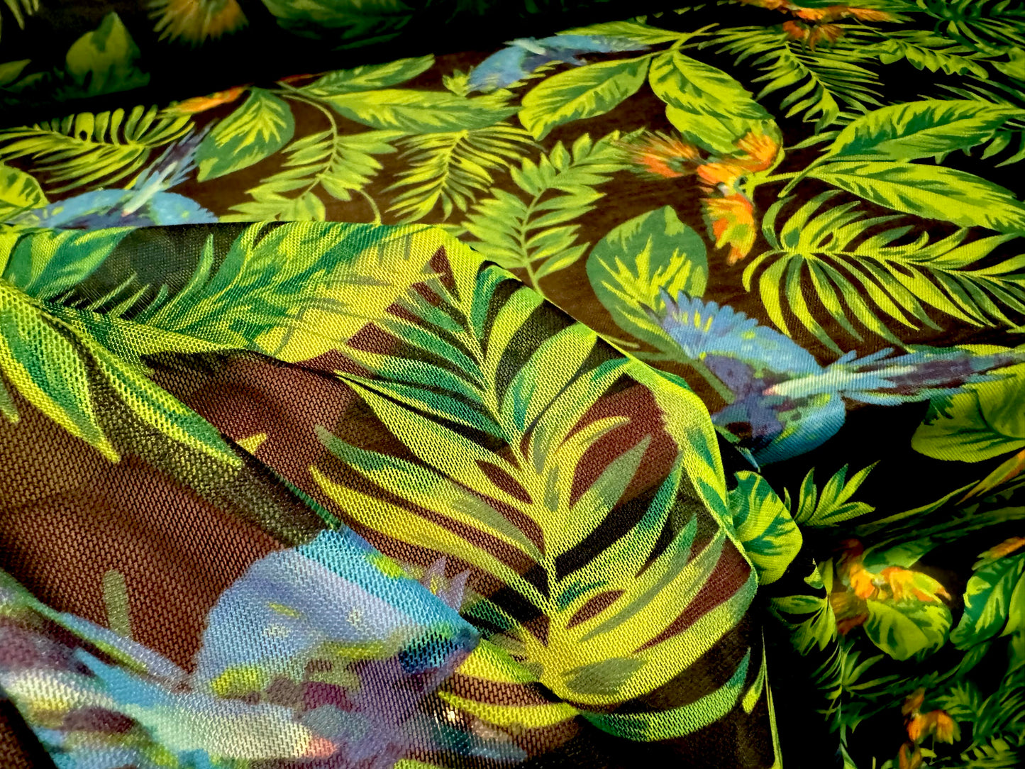 Power mesh net stretch spandex fabric, per metre - parrots in the rainforest - multicolour