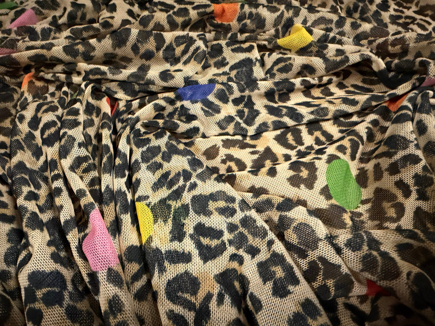 Power mesh net stretch spandex fabric, per metre - polka dot leopard print - multicolour