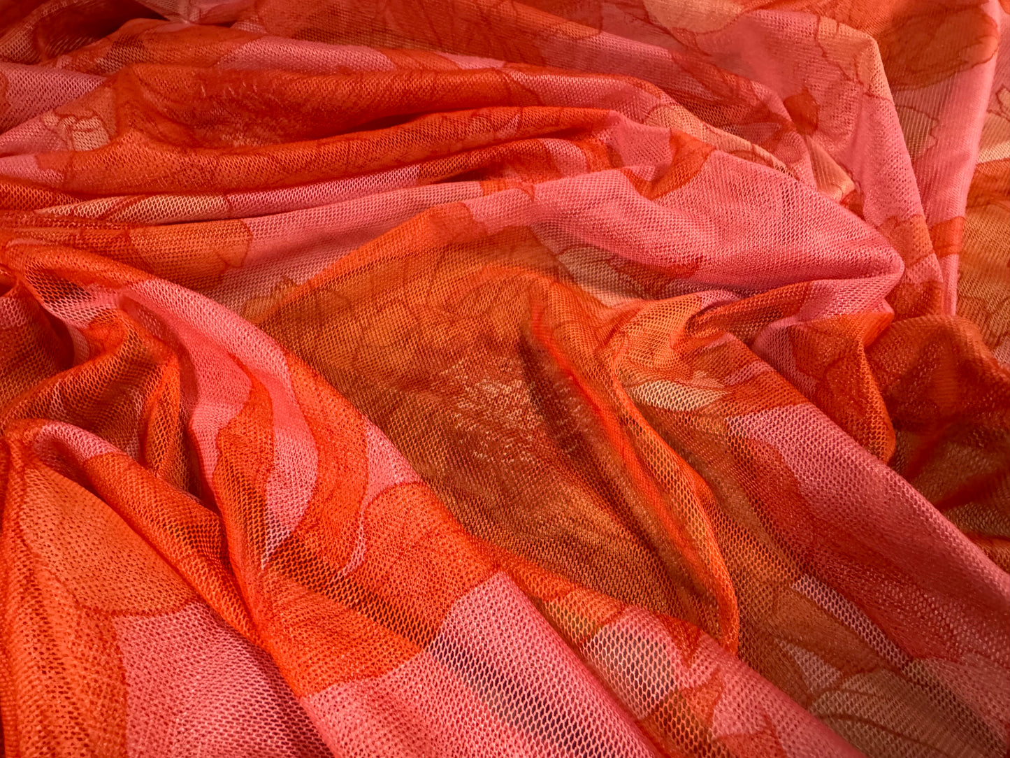 Power mesh net stretch spandex fabric, per metre - wild rose floral print - pink & coral