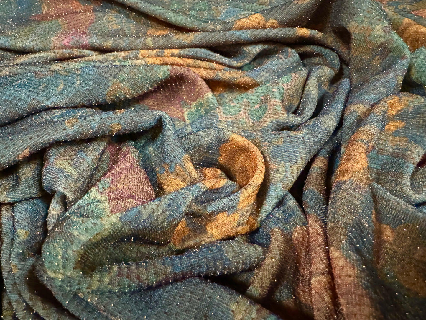 Metallic slinky spandex stretch jersey fabric with gold lurex, per metre - paisley floral print - blue grey & peach