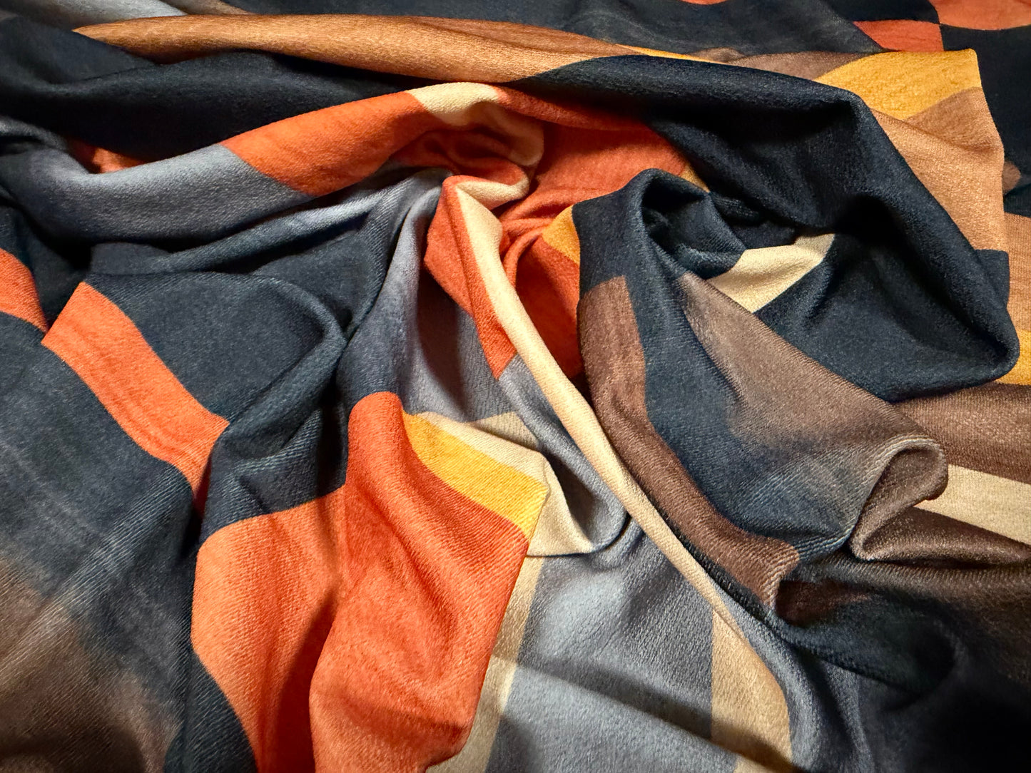 Stretch spandex crepe single jersey dress fabric, per metre - Mondrian geometric print - orange gold & beige