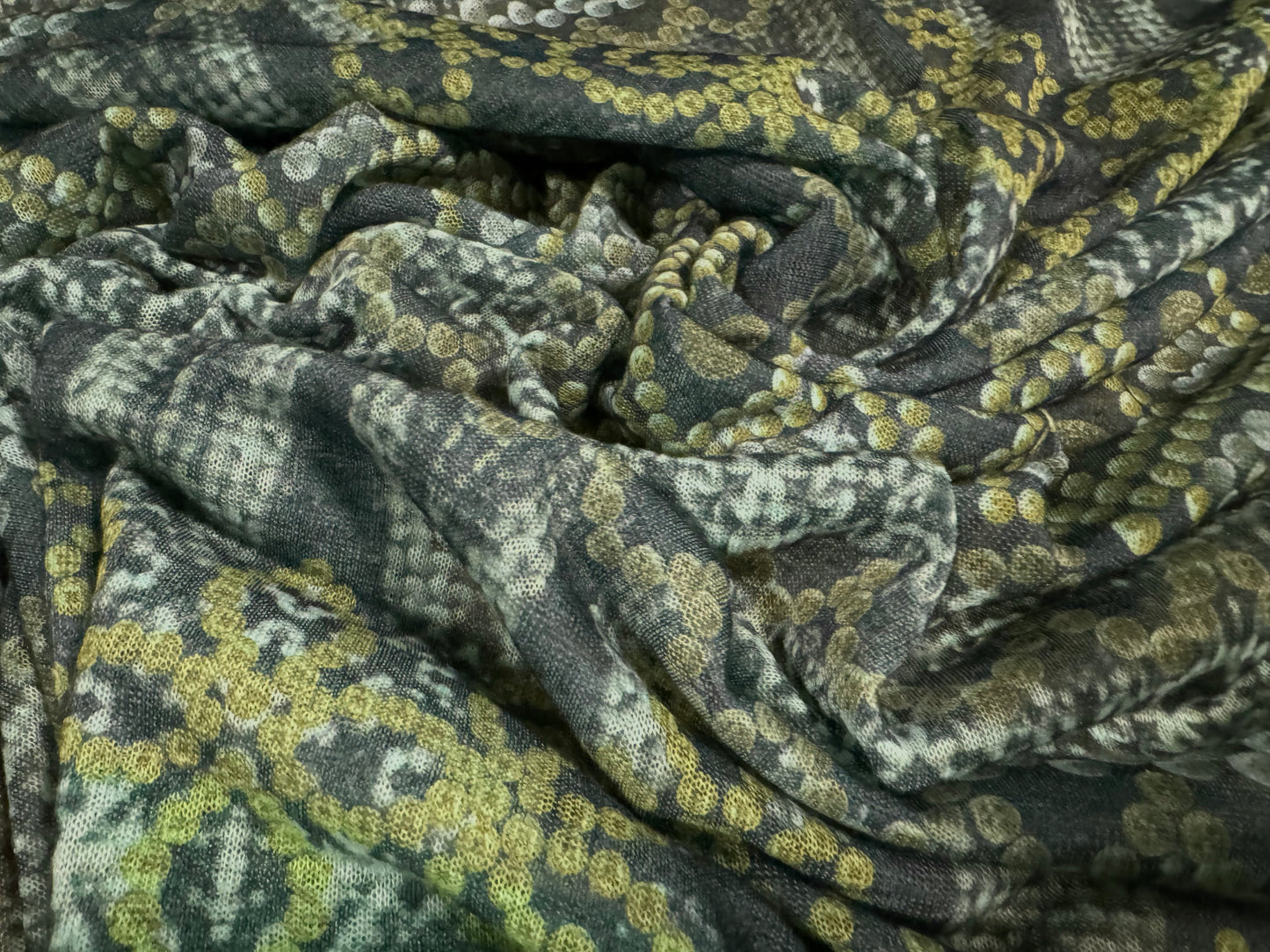 Thick & thin single jersey fashion fabric, per metre - Mandala stripe print - dark green & mustard