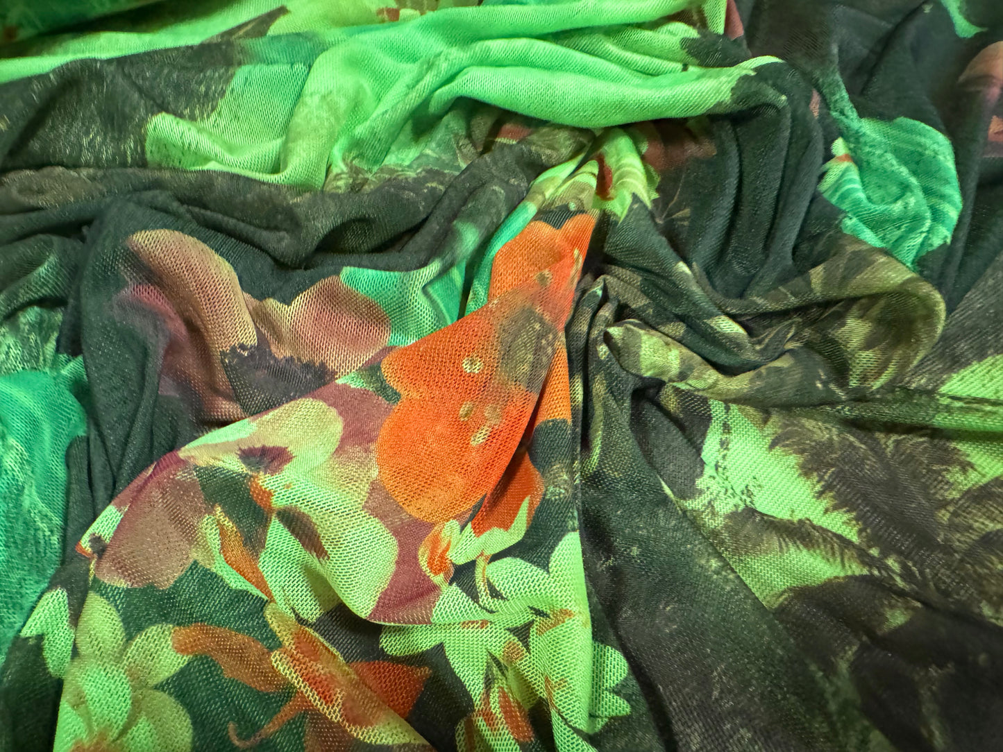 Power mesh net stretch spandex fabric, per metre - Hawaiian tropical paradise print - green black & orange