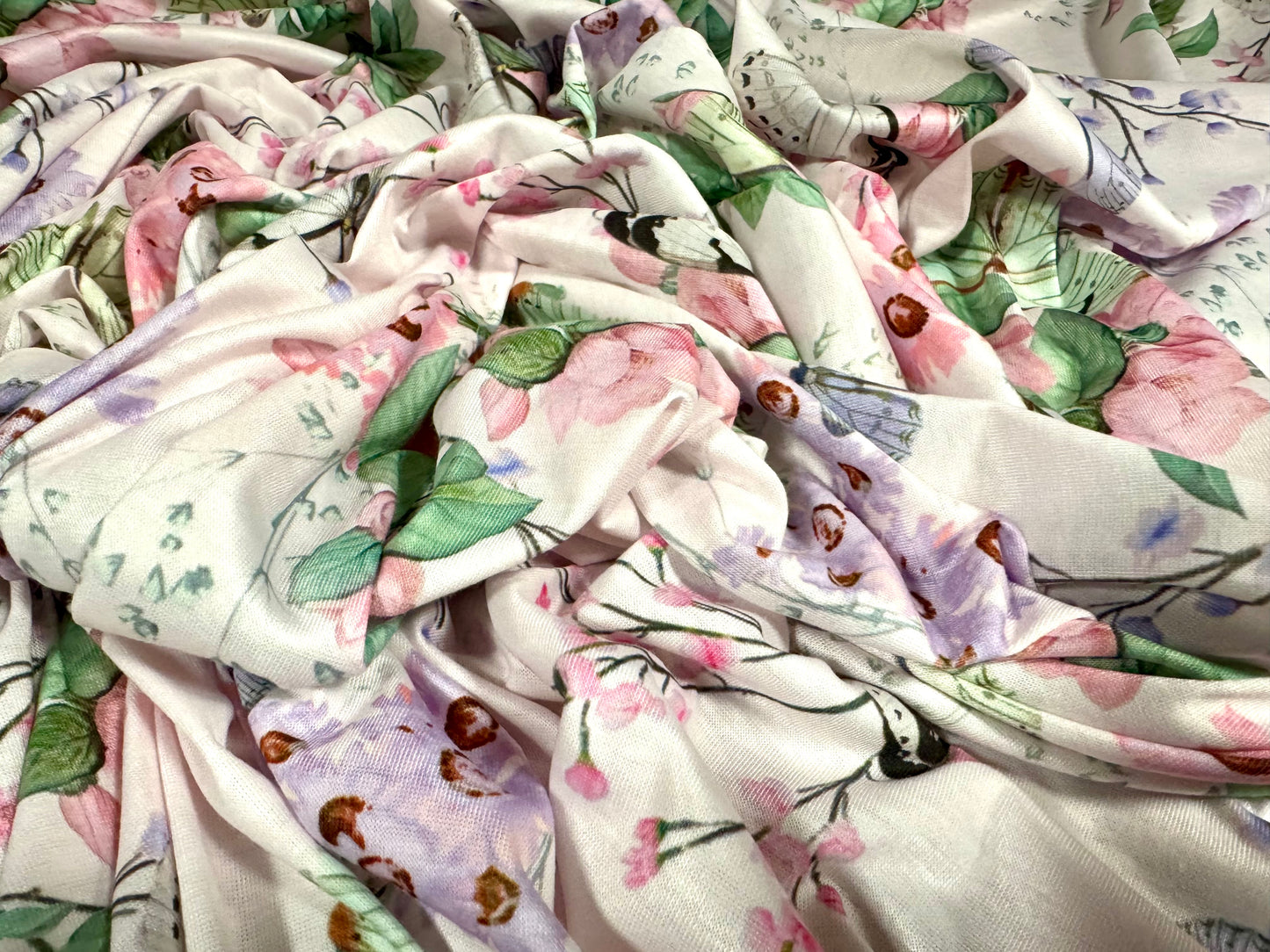 Soft handle single jersey fashion fabric, per metre - flowers & butterflies print